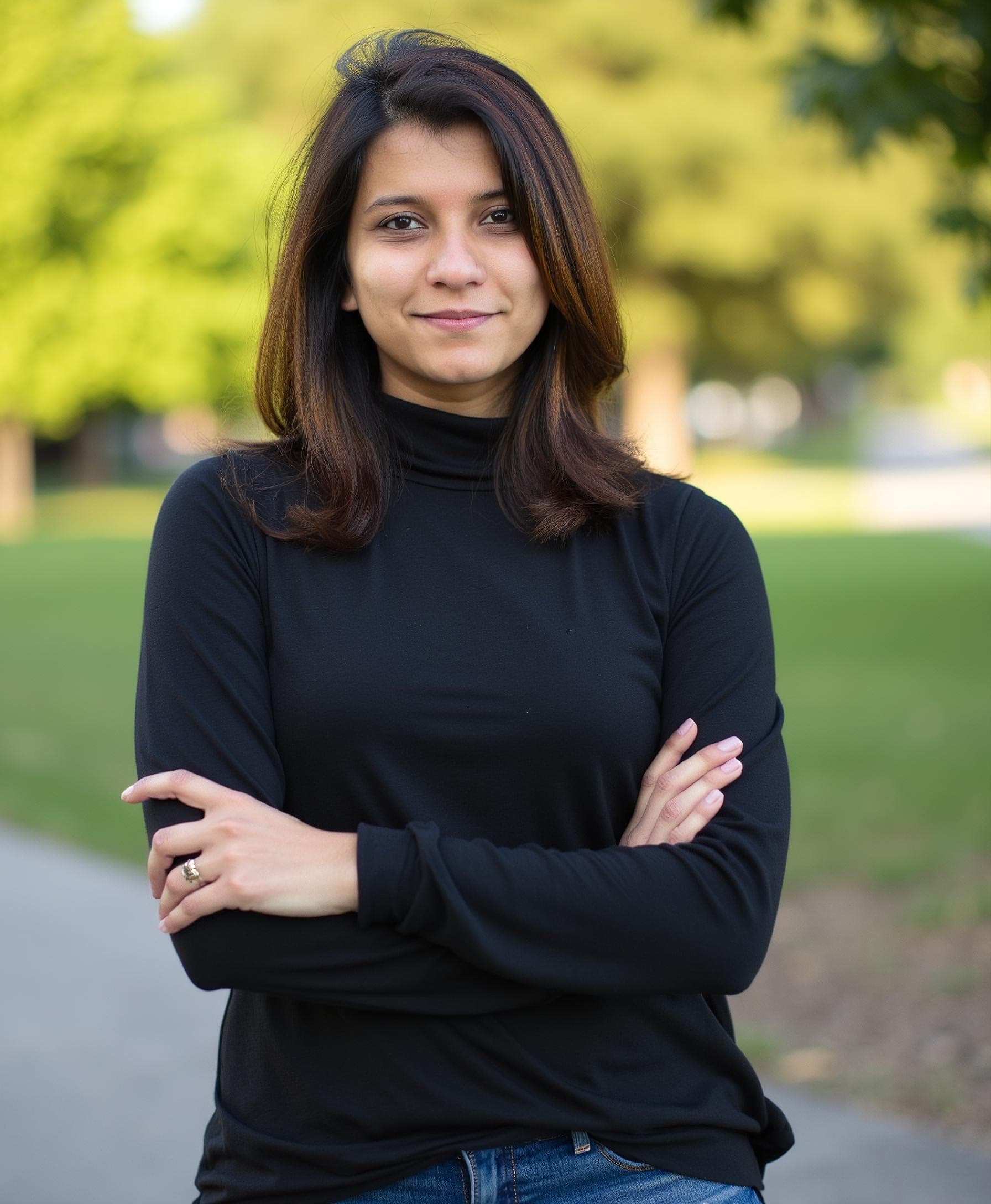 Sonali Priya smiling with arms crossed, standing in a park