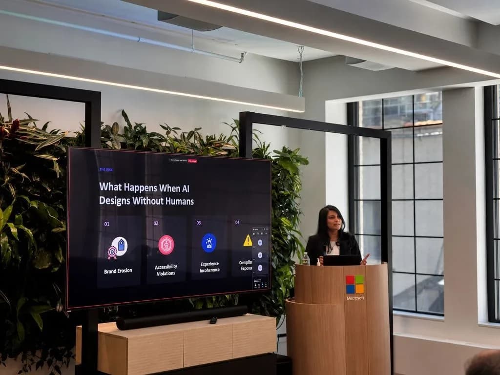 Sonali at a Microsoft podium beside a slide titled What Happens When AI Designs Without Humans