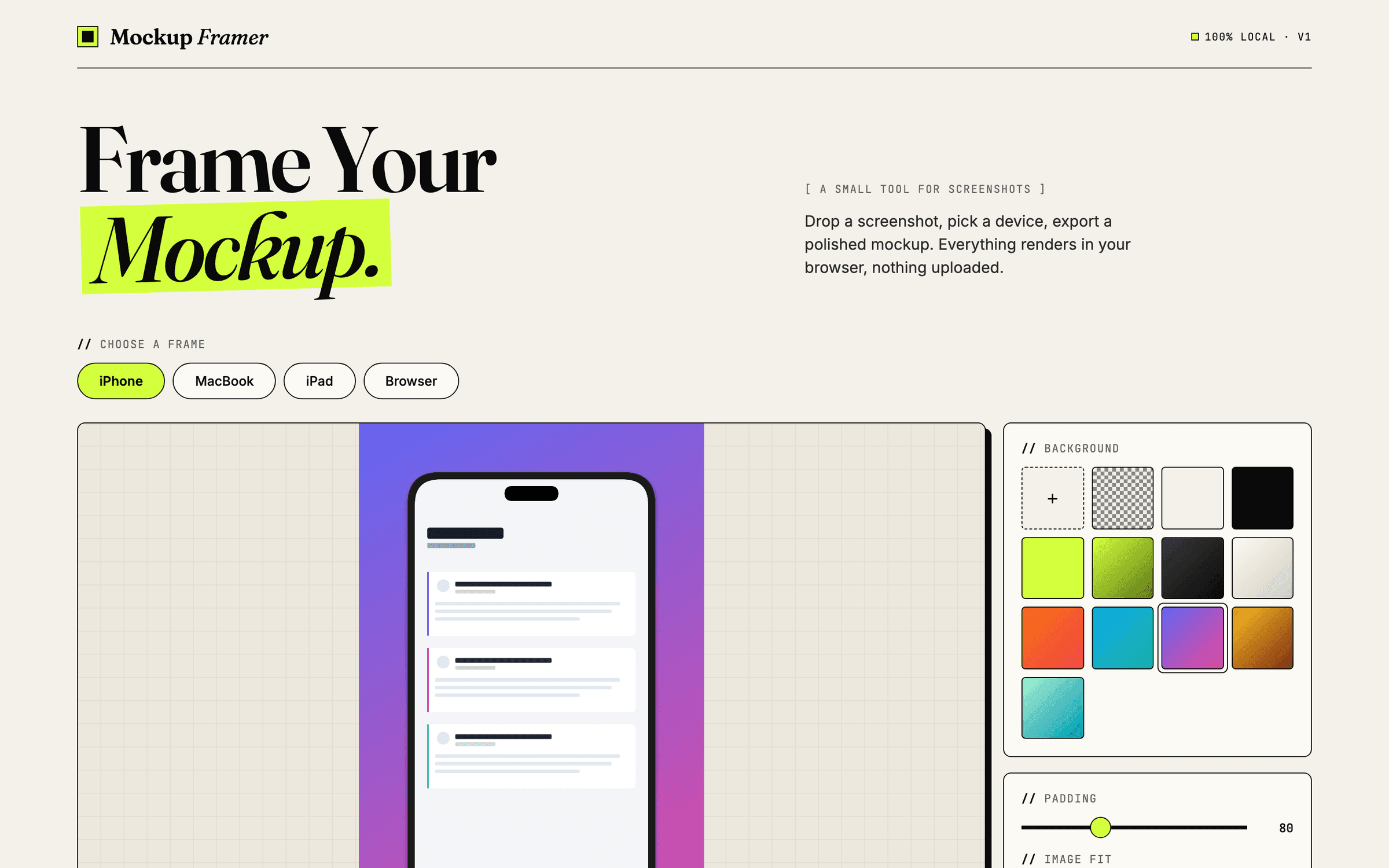 The Mockup Framer editor with an iPhone frame and the background picker