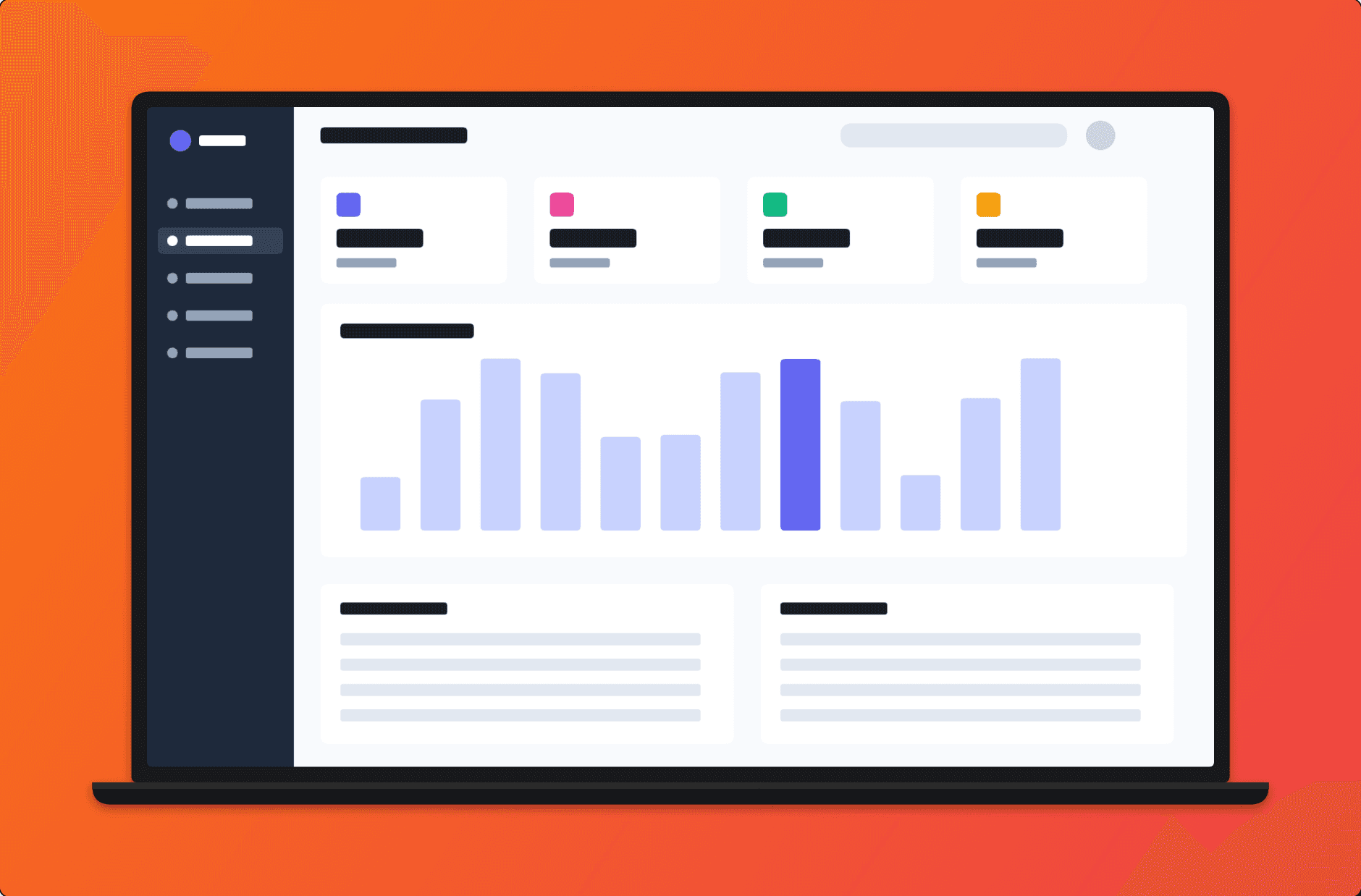 A dashboard framed in a MacBook on an orange gradient