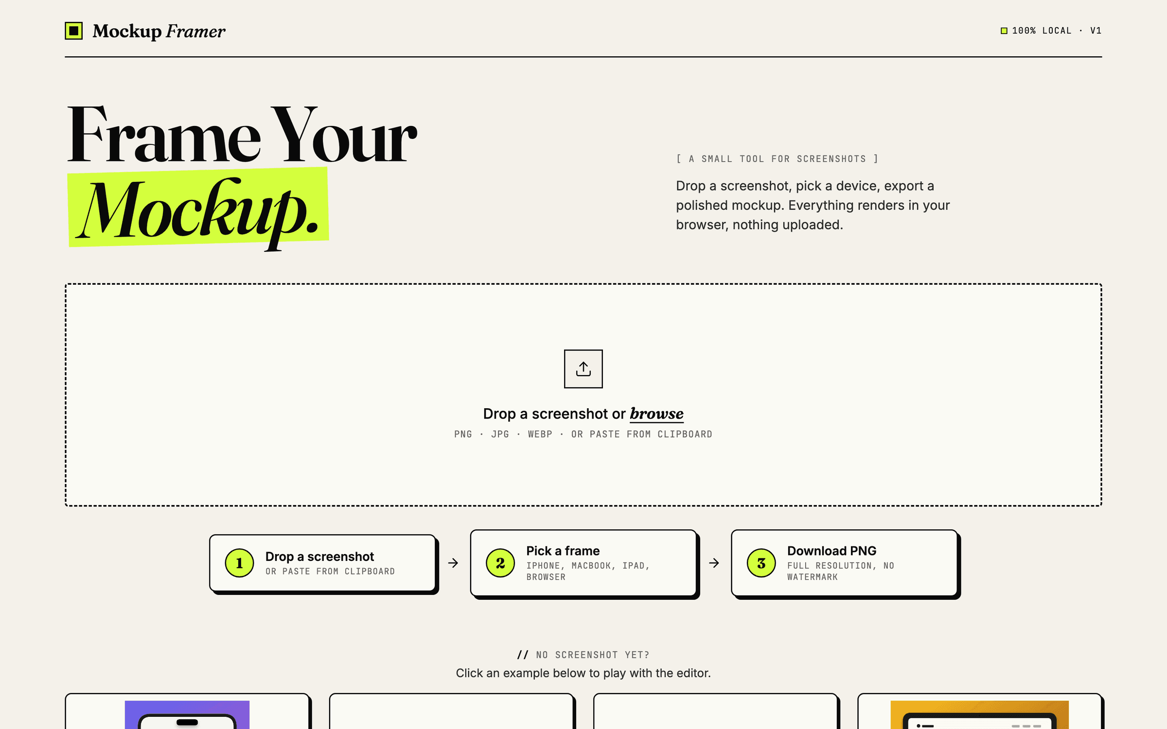 The Mockup Framer home page: Frame your mockup, with a drop zone for a screenshot
