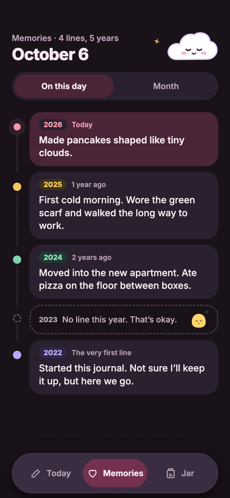 On this day screen in the deep plum night theme