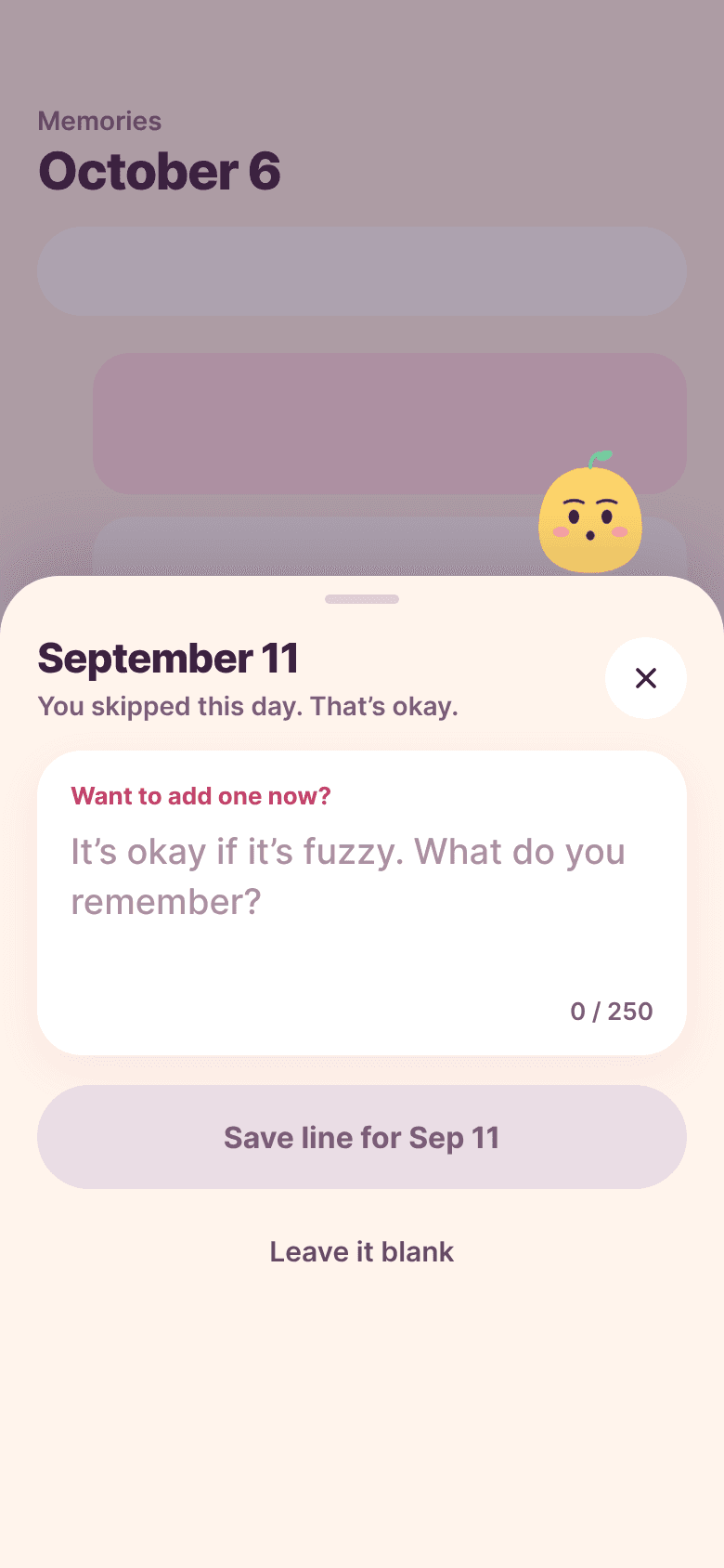 A skipped day sheet with Custard looking curious and the words That’s okay